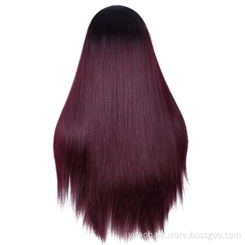 FZY Wholesale Price Good Omens Cosplay Black roots ombre Burgundy color sik straight Synthetic hair Wigs with lace front  Vendor